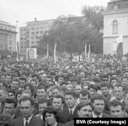 Crowds in Sofia listen to a speech by Leonid Brezhnev during the Soviet leader's 1967 visit to Bulgaria.