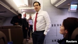 U.S. Secretary of State Marco Rubio speaking to the press who are traveling with him to the Munich Security Conference