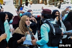 Afghan women protest in Kabul on September 7.