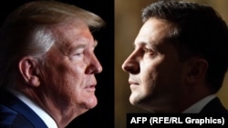 A combo photo shows Ukrainian President Volodymyr Zelenskiy (right) and U.S. President Donald Trump