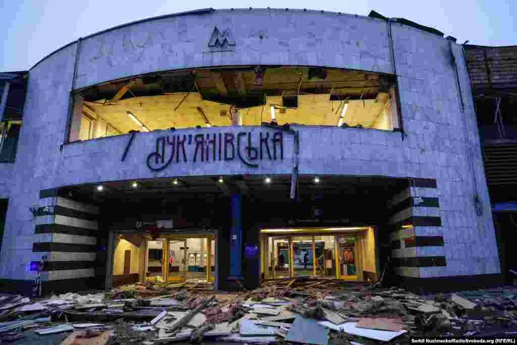 The entrance to Kyiv&#39;s Lukyanivska subway station damaged by a Russian attack on January 18,&nbsp; 2025.&nbsp;