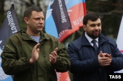 Aleksandr Zakharchenko (left) and Denis Pushilin in Donetsk on March 18, 2016