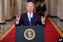 President Joe Biden speaks about U.S. withdrawal from Afghanistan at the State Dining Room of the White House on August 31.