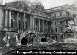 The ruins of Buda Castle photographed after the Siege of Budapest.