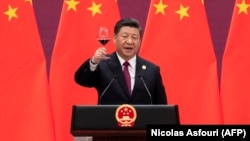 Chinese President Xi Jinping addresses a banquet for leaders on the final day of the Belt and Road Forum in 2019.