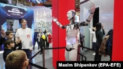 A robot on display at the Russia International Exhibition and Forum in Moscow in November 2023.