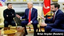 Ukrainian President Volodymyr Zelenskyy (left), U.S. President Donald Trump (center), and U.S. Vice President JD Vance gesture during an acrimonious meeting at the White on February 28