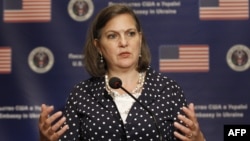 Then-Assistant Secretary Of State For European And Eurasian Affairs Victoria Nuland speaks to the media during a press conference in Kyiv in April 2016.