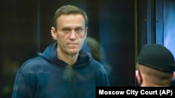 Russian opposition leader Aleksei Navalny stands in the cage during a court hearing in Moscow earlier this year. 