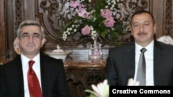 Armenian and Azerbaijani Presidents Serzh Sarkisian (left) and Ilham Aliyev during their meeting in Prague on May 7