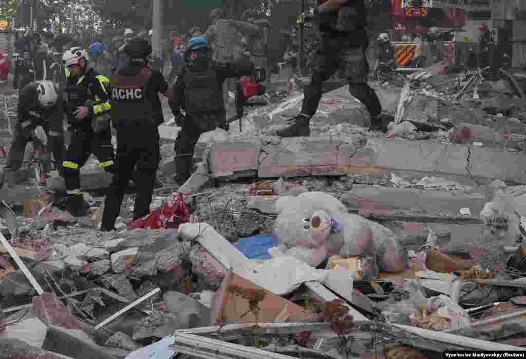 A child&#39;s soft toy lies in the rubble of the strike.&nbsp; Ukraine&#39;s President&nbsp;Volodymyr Zelenskiy posted images of the Kharkiv strikes to his social media feeds and called on Kyiv&#39;s allies to &quot;stop the terror.&quot;&nbsp;