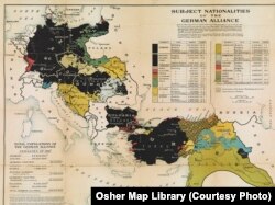 A map showing the nationalities living in the Central Powers. A large section of the eastern Ottoman Empire, bordering Russia, was inhabited by Armenians.