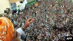 Jamiat Ulema Islam chief Maulana Fazalur Rehman leads a rally in favor of the blasphemy law in Karachi, Pakistan.