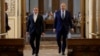 Iranian Foreign Minister Abbas Araghchi (left) and his Russian counterpart, Sergei Lavrov, arrive for their a press conference in Tehran on February 25.