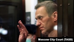 Aleksei Navalny gestures during a court hearing in Moscow in February.