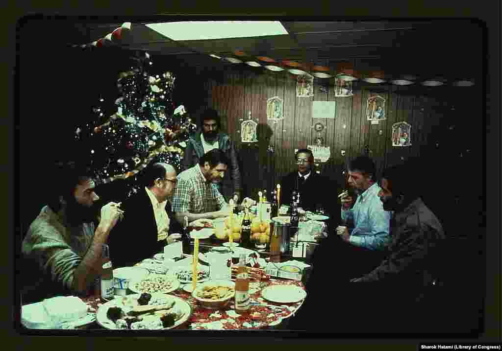 The American hostages are shown on Christmas Eve 1979. Hundreds of cards sent from well-wishers in the United States were delivered to Iranian guards, who promised to hand them over to the hostages after inspection, but never did.