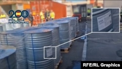 Barrels of chemicals seized by Spanish authorities show the abbreviation for the compound N-Methyl-2-pyrrolidone.