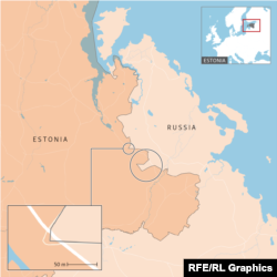 A map of Saatse Boot (named for its bootlike shape) cutting across around 1 kilometer of Estonian road and, to the north, another tiny corner of Russian land that runs across the same road.