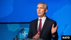 NATO Secretary-General Jens Stoltenberg speaks following a meeting of the North Atlantic Council to address the poisoning of Aleksei Navalny, at NATO headquarters in Brussels on September 4. He called the incident "an attack on fundamental democratic rights."