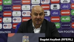 Kazakh national soccer team coach Stanislav Cherchesov at a press conference after the Kazakhstan-Slovenia game on October 13. 