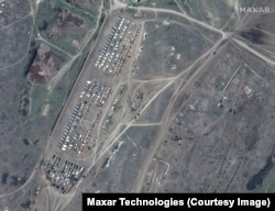 Tents and other equipment are collected at the Angarsky training area in Crimea during recent Russian military deployments to the area.