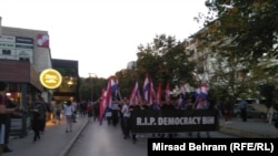 Protesters demonstrate in Mostar against the election of Zeljko Komsic as a member of the presidency of Bosnia-Herzegovina.