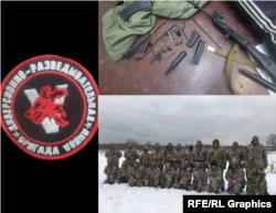 Clockwise from left: a patch with the "Wolves" insignia; a photo taken by Dragan in Ukraine; and Serb volunteers at Alabino before they were sent to Ukraine.