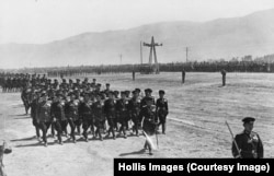 Soldiers march during the 1946 parade in Ulan Bator.