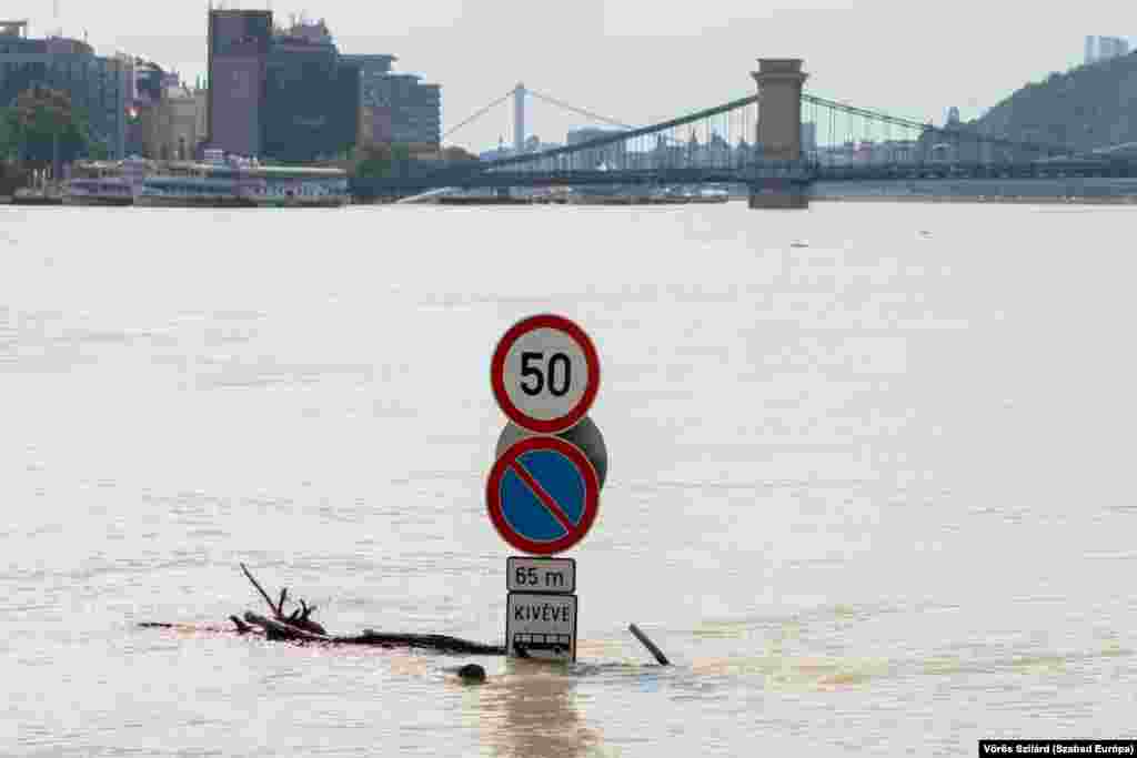 A speed limit sign on a flooded riverside road in central Budapest