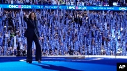 Kamala Harris on stage at the Democratic National Convention where she accepted her party's nomination to run for president in the November 5 election. 