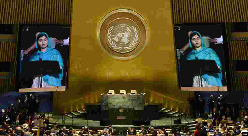 Yousafzai speaks during a plenary meeting of the UN Sustainable Development Summit on the eve of the general debate of the UN General Assembly in New York on September 25, 2015.