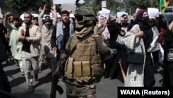 A Taliban soldier in combat gear stands amid protesters during an anti-Pakistan protest in Kabul on September 7.