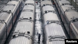 Russian Railways trains on the tracks in Moscow