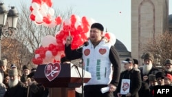 Chechen leader Ramzan Kadyrov speaks at a rally in Grozny on January 19 against the publication of cartoons of the Prophet Muhammad by French weekly Charlie Hebdo.