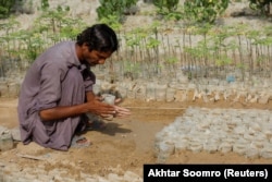 A worker prepares planting bags for seedlings in Karachi in May 2021.