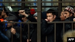 Migrant workers line up in a fenced holding area outside a Federal Migration Service office in Moscow in an effort to get a work permit.