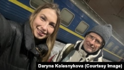 Daryna Kolesnykova and her boss, Social Democrat lawmaker Herbert Wollmann after arriving in Ukraine on a fact-finding trip.