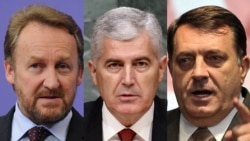 Bosnian Presidency members Bakir Izetbegovic (Bosniak), (left to right) Dragan Covic (Croat), and Milorad Dodik (Serb)