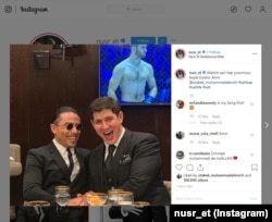 Otabek Umarov (right), seen posing with celebrity Turkish chef Nusret Gokce in Tashkent, has used social media to carefully cultivate his own celebrity image in Uzbekistan and flaunt his expensive tastes.