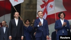 Georgian Dream leaders taking part in a rally in support of the "foreign agent" law in Tbilisi on April 29.