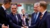 (Left to right) Foreign ministers Peter Szijjarto of Hungary, Jeyhun Bayramov of Azerbaijan, Pekka Haavisto of Finland, and Tobias Billstrom of Sweden attend an EU meeting with the Eastern Partnership countries in Brussels on December 12.