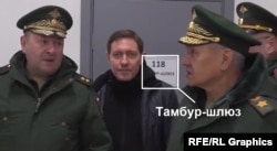 Video footage of the visit by Shoigu (right) to the Sergiyev Posad facility shows a sign on a door featuring the Russian word for "airlock." At left is Lieutenant General Igor Kirillov, commander of Russia's Nuclear, Biological, and Chemical Defense Forces (RKhBZ).