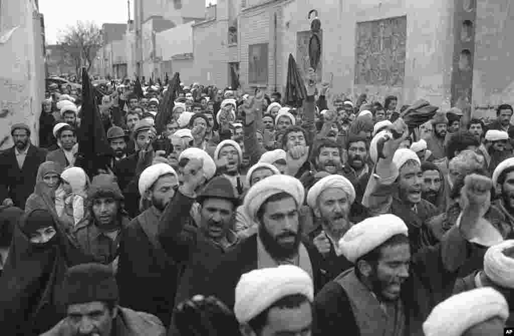 Mullahs march past Ayatollah Khomeini&#39;s house in Qom on December 17, 1979 in display of solidarity with the Iranian leader.&nbsp;Khomeini became Iran&#39;s Supreme Leader that month.