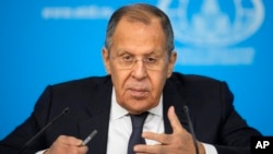 Russian Foreign Minister Sergei Lavrov speaks during his annual press conference in Moscow on January 14.