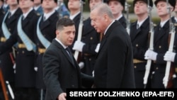 Ukrainian President Volodymyr Zelensky (left) and Turkish President Recep Tayyip Erdogan meet at the Mariinskiy Palace in Kyiv on February 3.