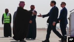 U.S. Secretary of State Marco Rubio (second from right) is greeted by Saudi officials upon arriving at King Khalid International Airport in Riyadh on February 17. 