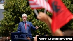 Former U.S. President Bill Clinton speaks during the ceremony in Pristina on June 12.