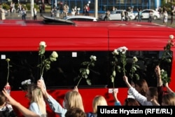 Women in Minsk take part in a popular protest on August 13, 2020, days after a presidential election that is widely believed to have been fraudulent.