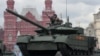 A T-80BVM tank moves during a rehearsal for the Victory Day military parade on Red Square in Moscow in May 2021.