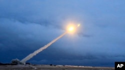 This screen shot purportedly shows a test-launch in 2018 of what President Vladimir Putin said was the country's new nuclear-powered Burevestnik intercontinental cruise missile. There’s no independent confirmation yet to Putin’s claim earlier this month of a successful test of the trouble-plagued nuclear-powered cruise missile. 